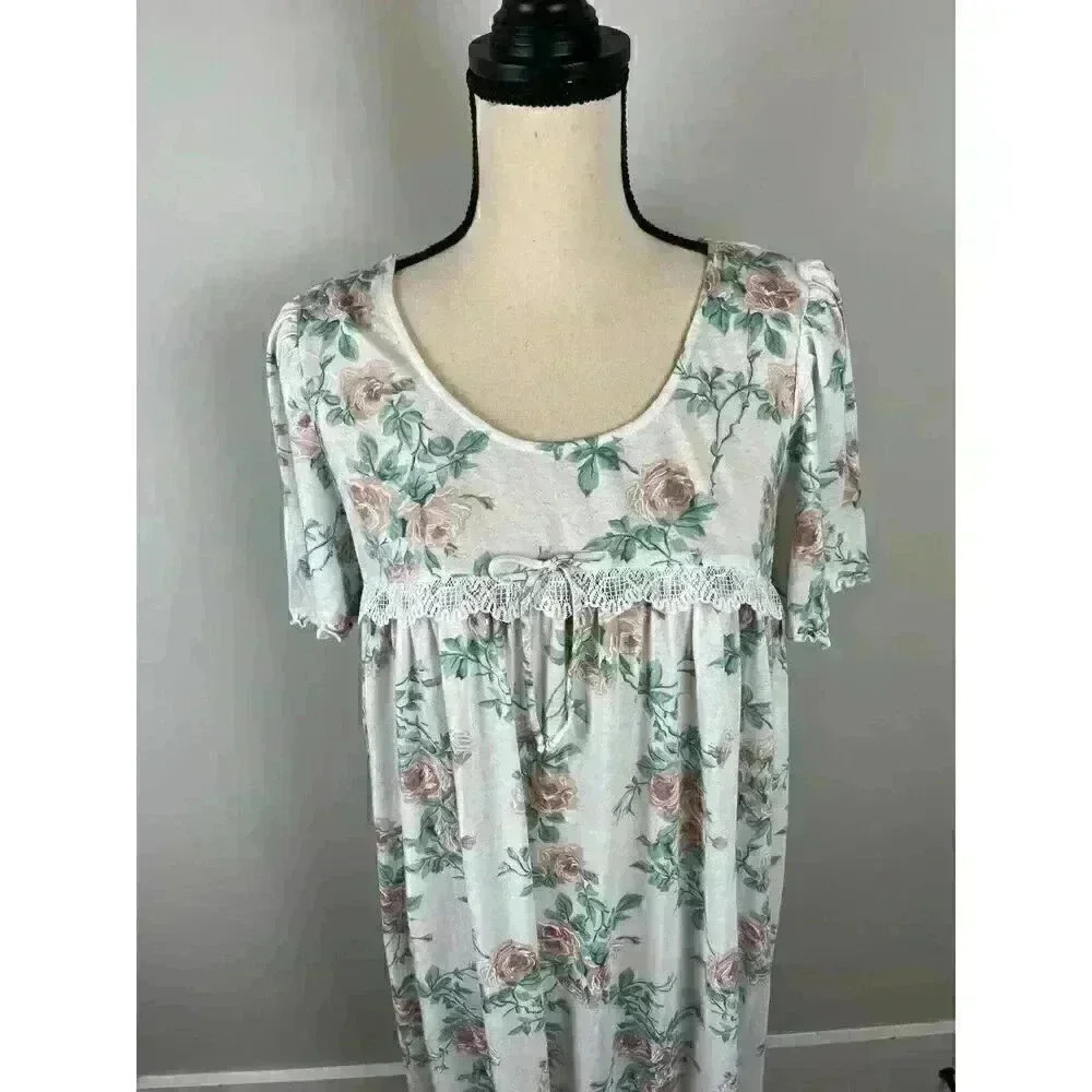 Vtg Barbizon Long Nightgown Short Sleeve Floral Ruffle Lace Cotton Blend M - Picture 2 of 14